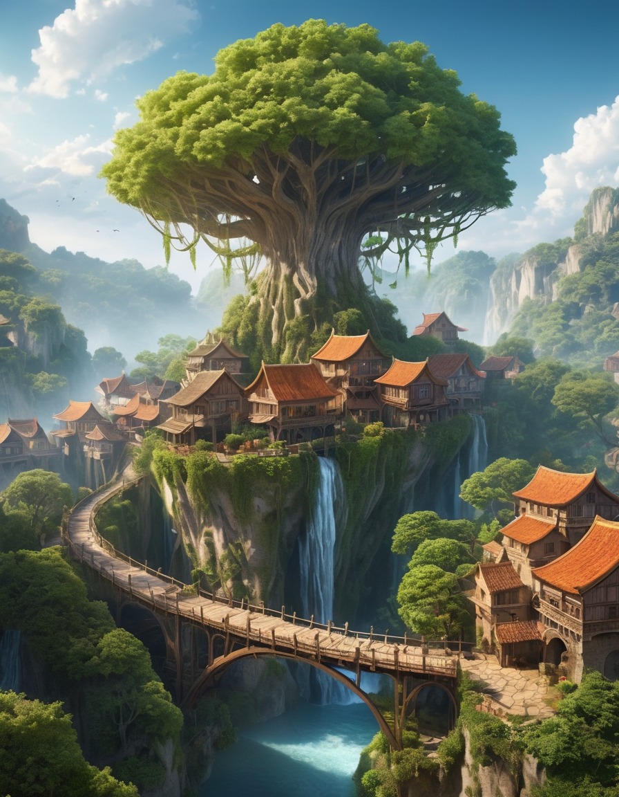 village, tree house, vine bridges, fantasy landscape, fantastic