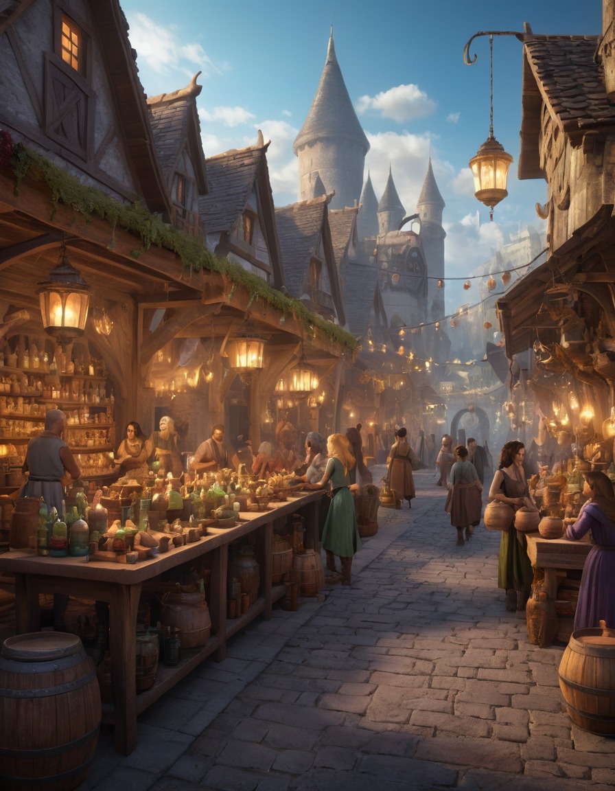 marketplace, potion sellers, spellcasters, mythical creatures, fantasy, magical, enchanting