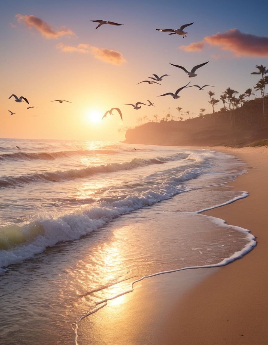 beach, dawn, peaceful, seagulls, waves, nature