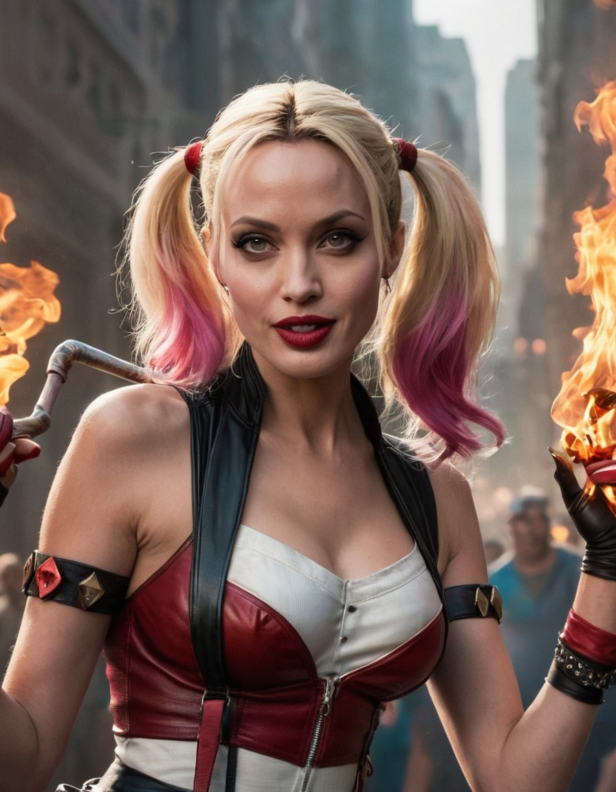 angelina jolie, harley quinn, celebrity transformation, superhero role, action movie, comics adaptation, villainous character