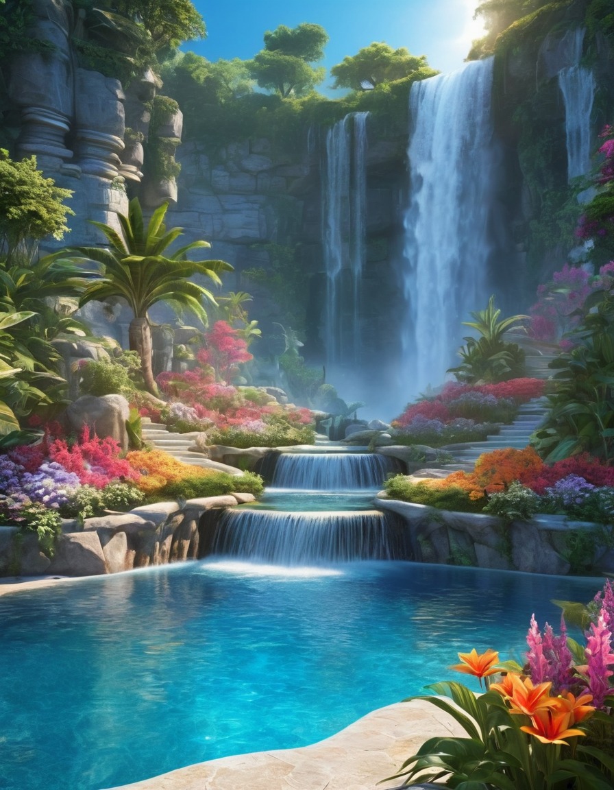 waterfall, nature, plants, flowers, serene, fantastic