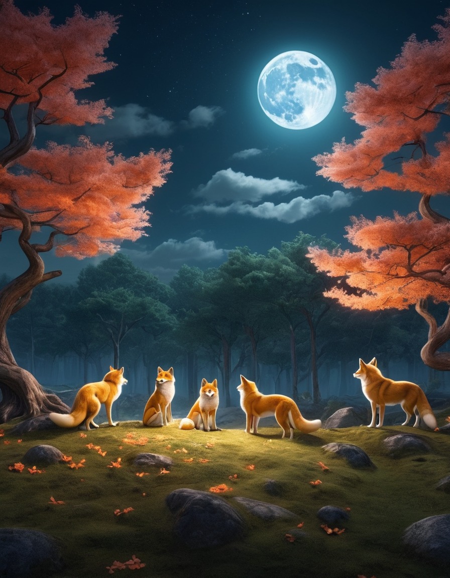 forest, clearing, kitsune, enchanting, full moon, gathering