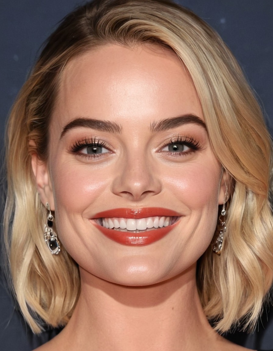 margot robbie, big nose, huge smile, very big forehead, huge eyes, actress, celebrity