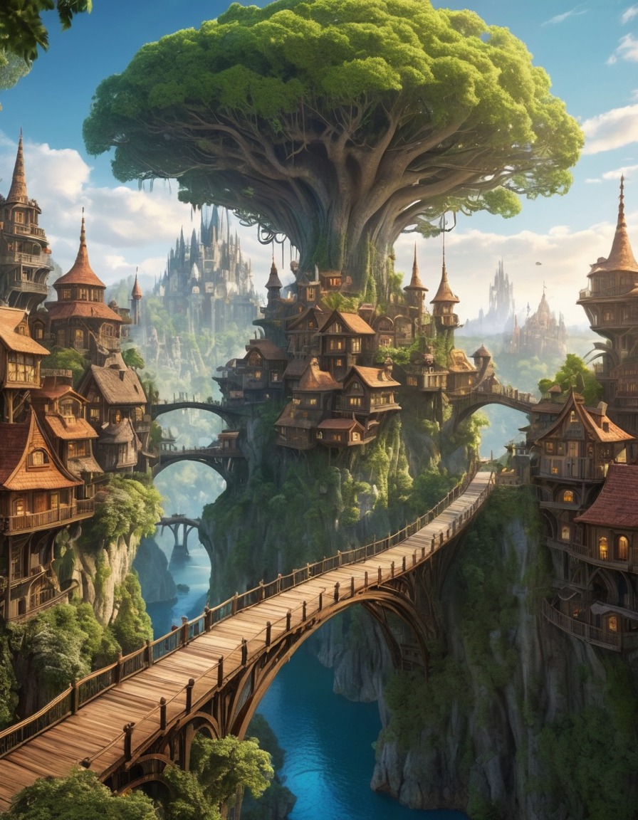 fantasy, cityscape, treehouse, nature, architecture, fantastic