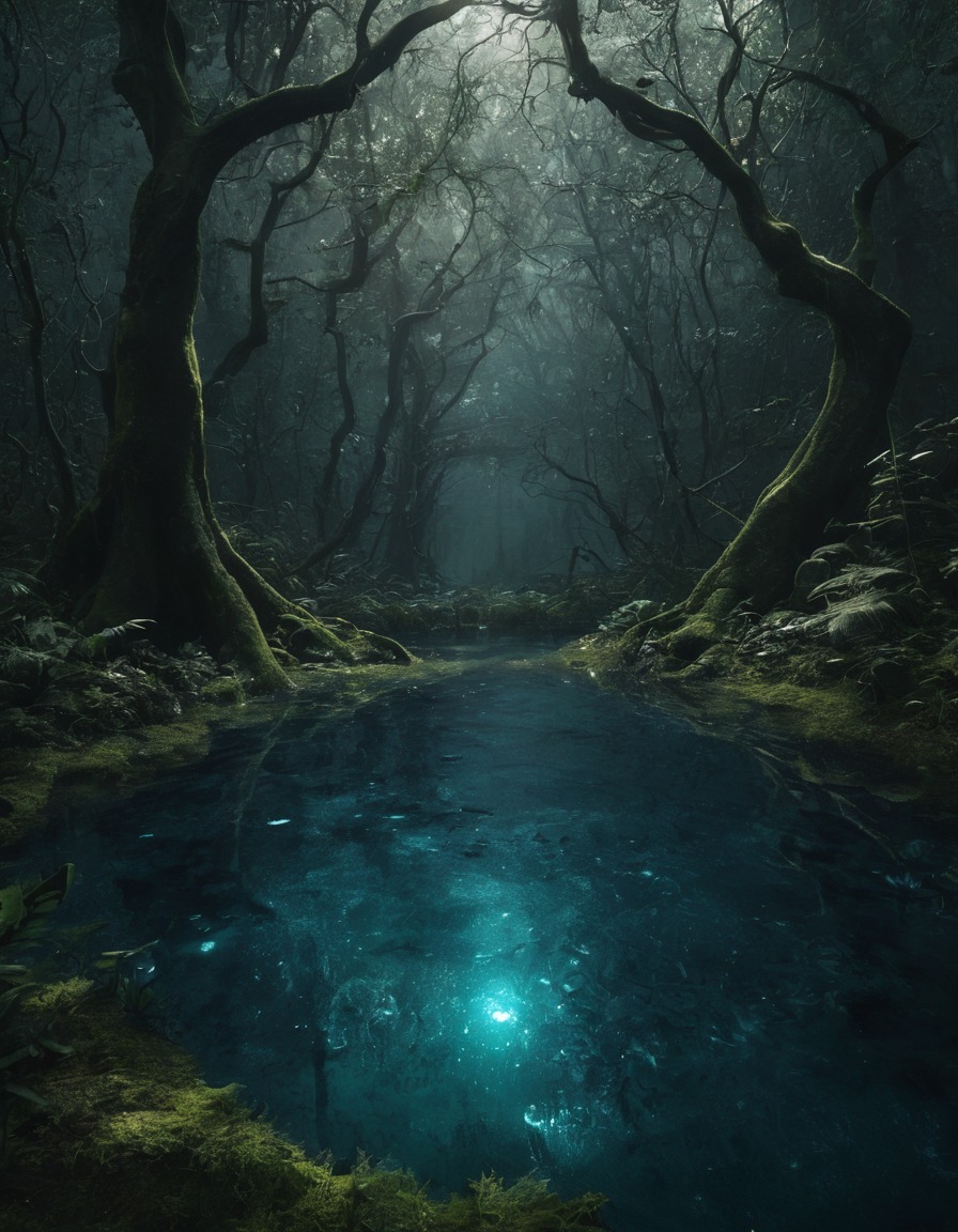 mystical, forest, water, hidden, nature, clearing