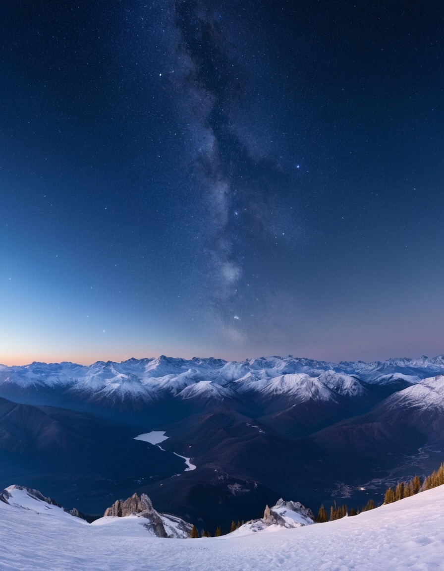 mountain, snow-capped, night sky, stars, nature