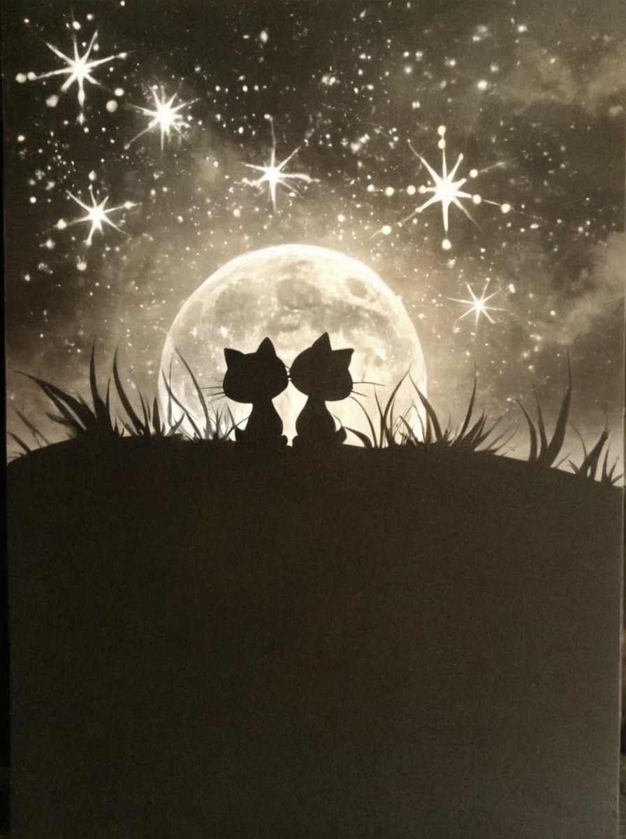 cats, darkness, ink, landscape, moon, moonlight, nature, painting, shadows, stars, traditional, animalswildlife, marker_white, landscape_ink