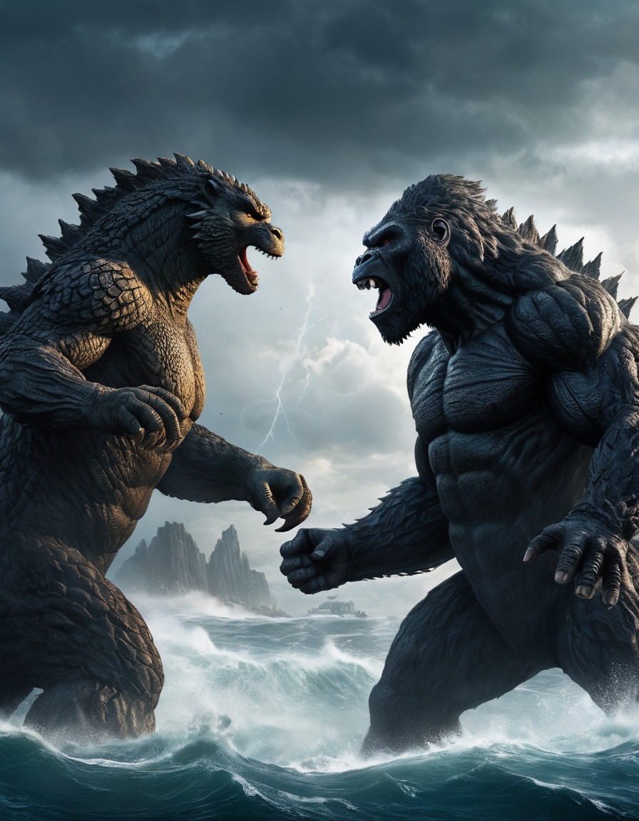 godzilla, king kong, monster, battle, ocean, storm, confrontation, kong