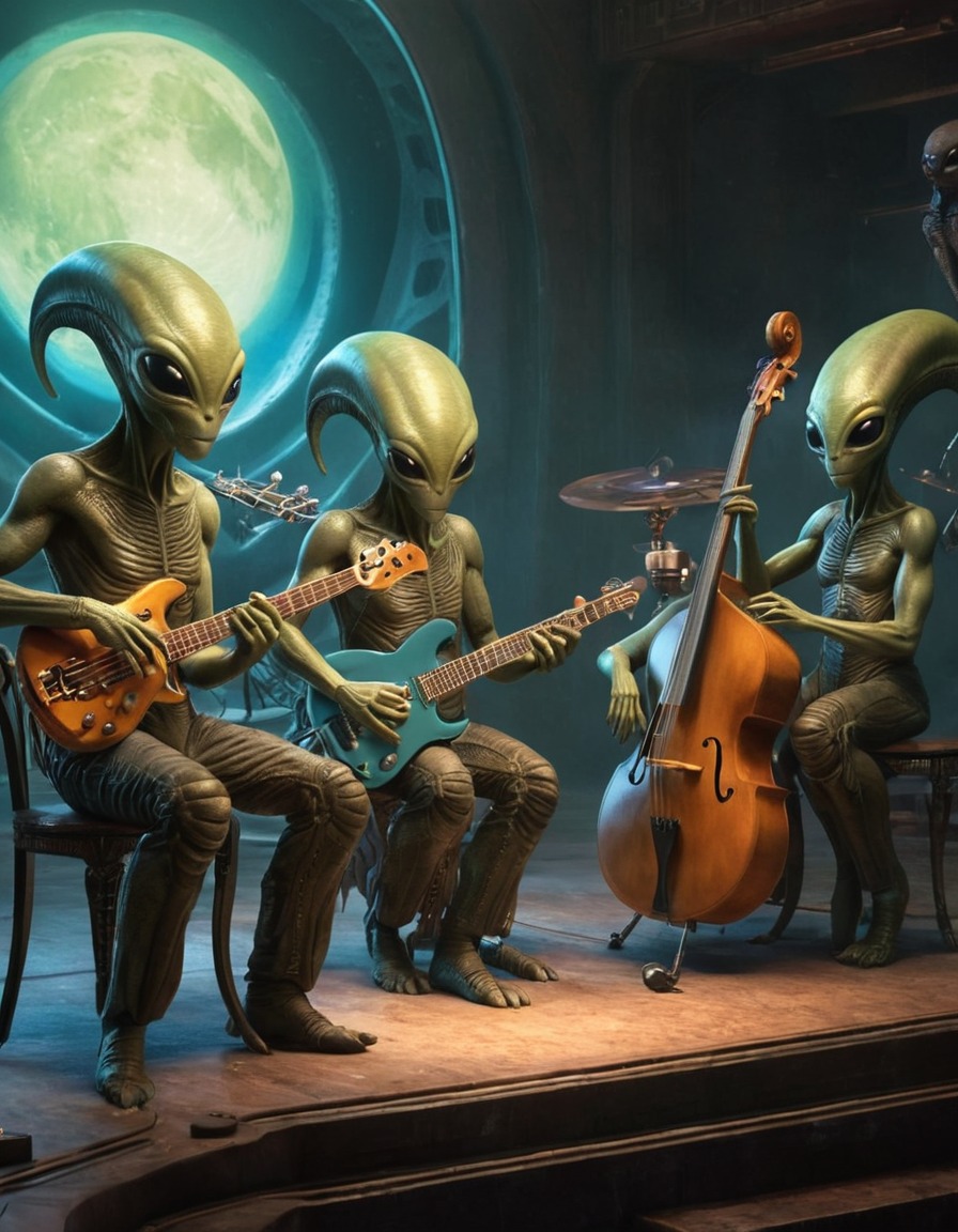 alien, musicians, instruments, science fiction, surreal, outer space, extraterrestrial, aliens