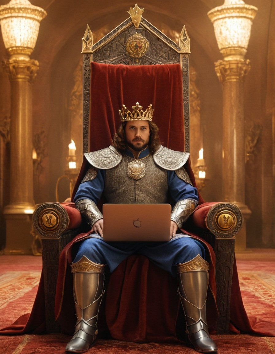 king, laptop, kingdom, throne room, medieval, art