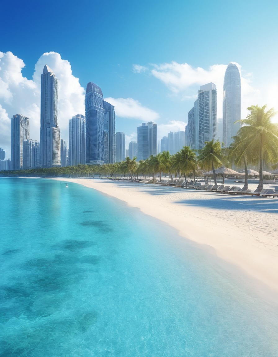 beach, skyscrapers, palm trees, clear blue waters, urban paradise, nature, city