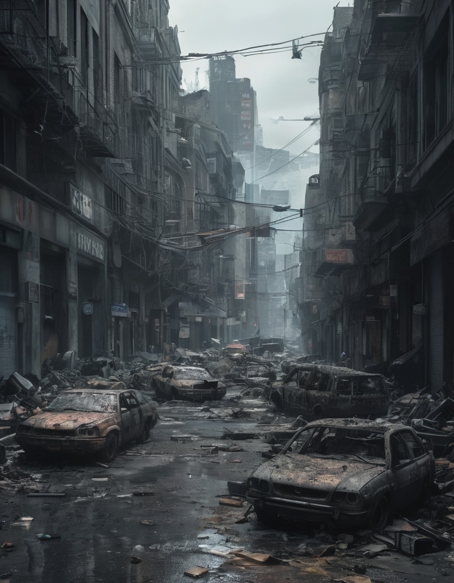 war aftermath, urban devastation, abandoned vehicles, debris, conflict aftermath, war, usa