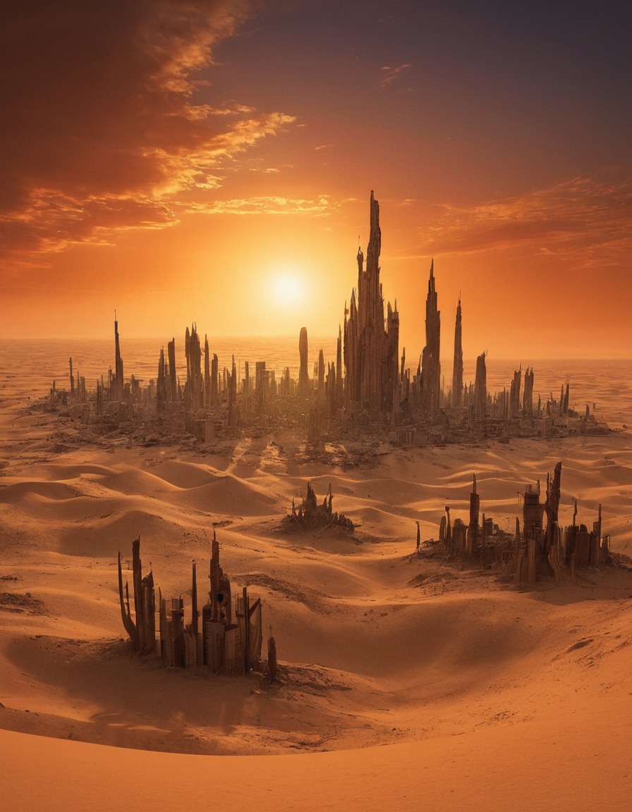 mystical, desert, mirage, city, sunset