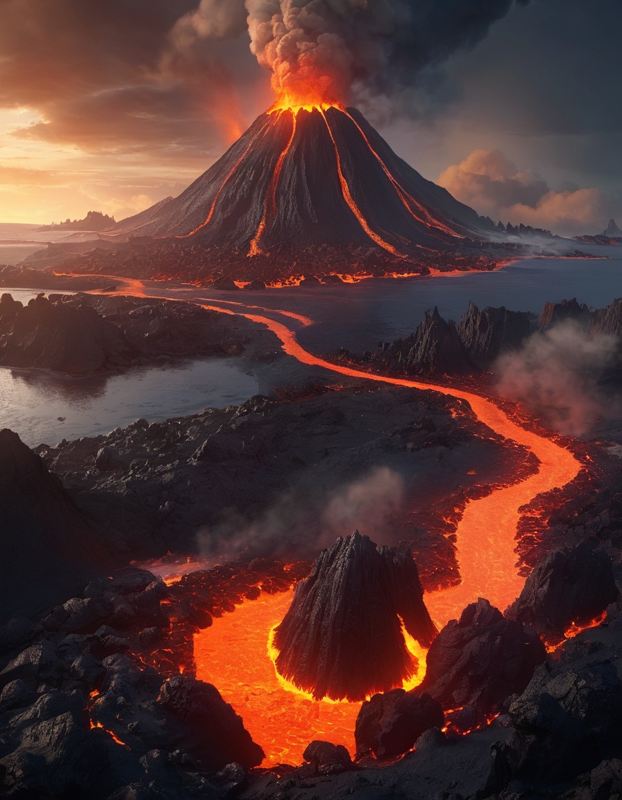 volcanic island, lava rivers, fire-breathing creatures, obsidian golems, fantastic