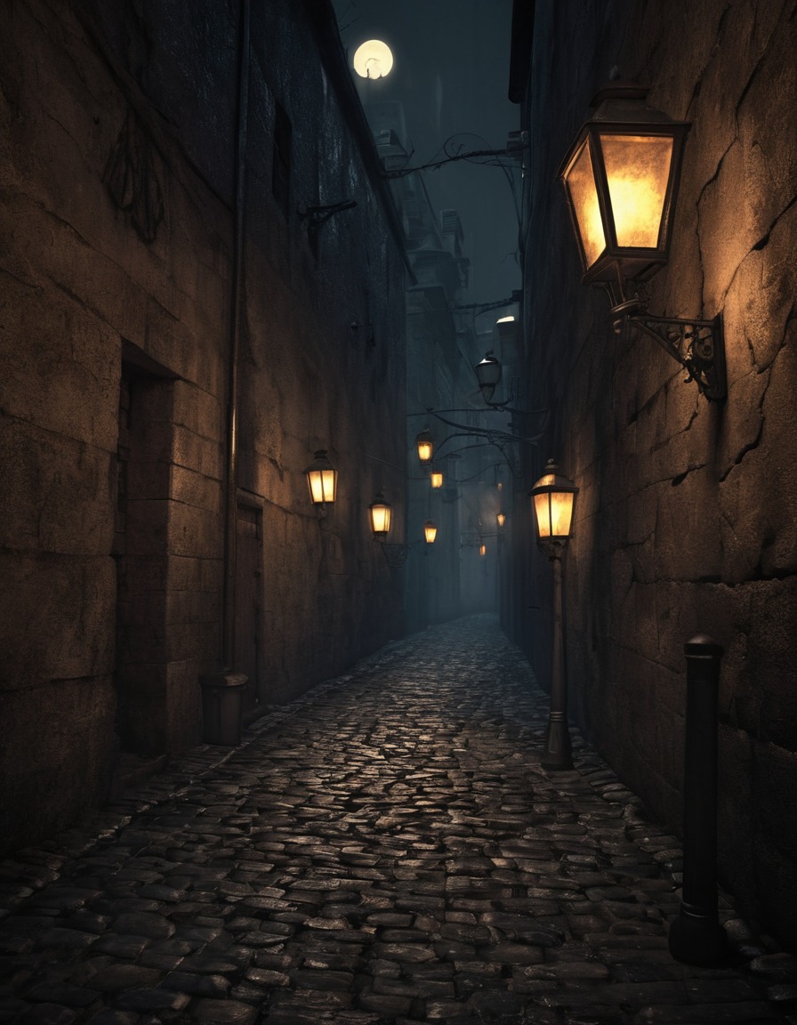 alleyway, cobblestone, gas lamps, shadows, urban landscape, gothic, underground, dark