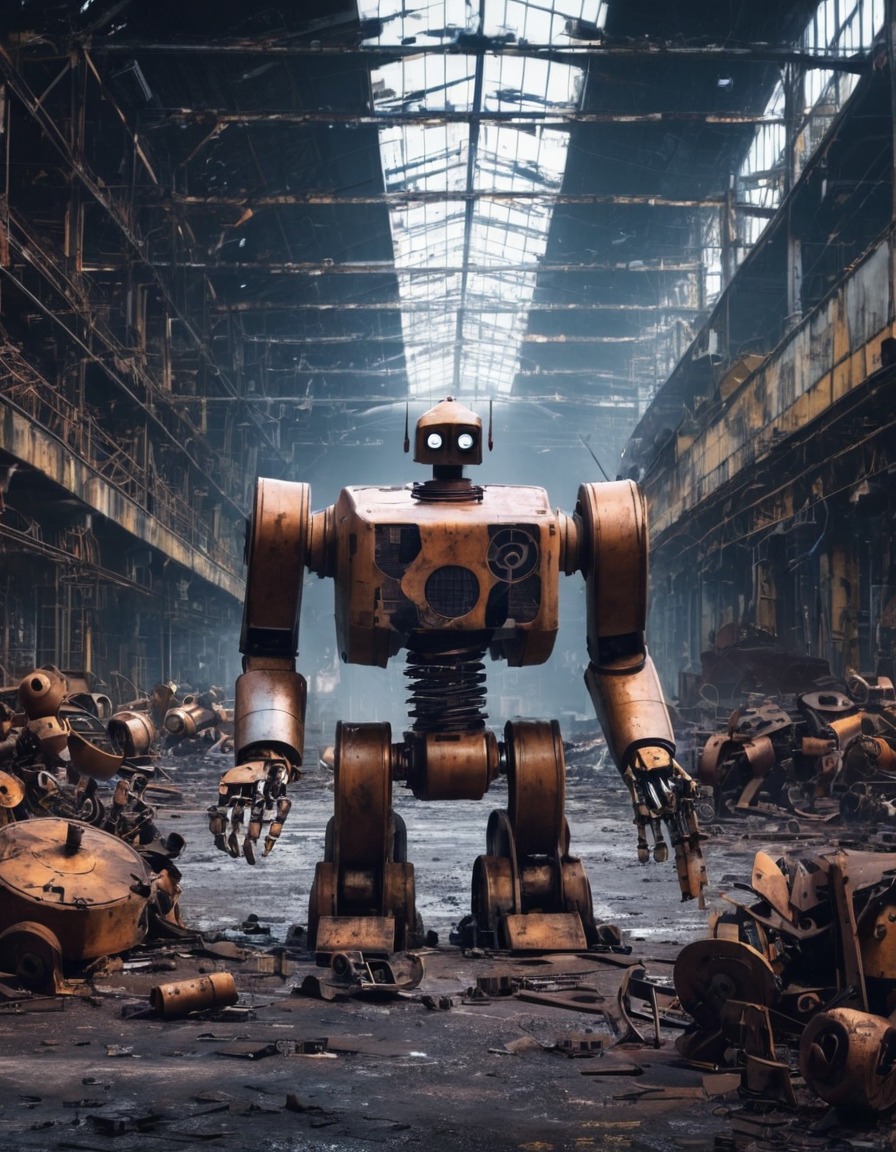 abandoned, robot factory, broken machines, rusted, industrial, robots