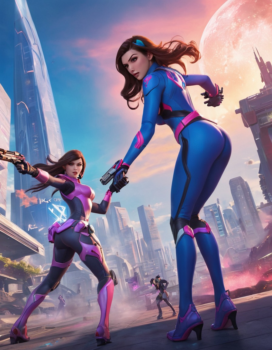 d.va, widowmaker, video game, futuristic, battle, cityscape, computer games