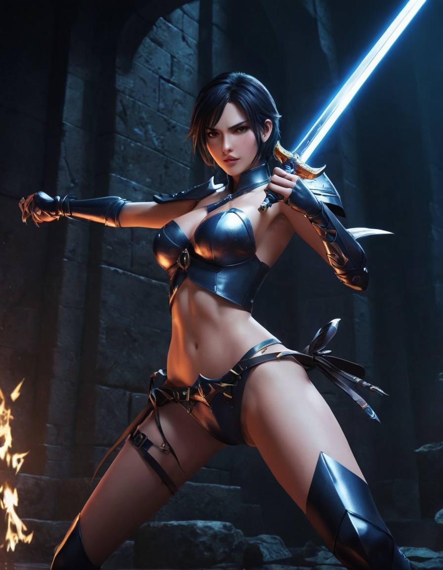 cassandra pentaghast, sword fight, dungeon, warrior, fantasy, video game character, anime, games