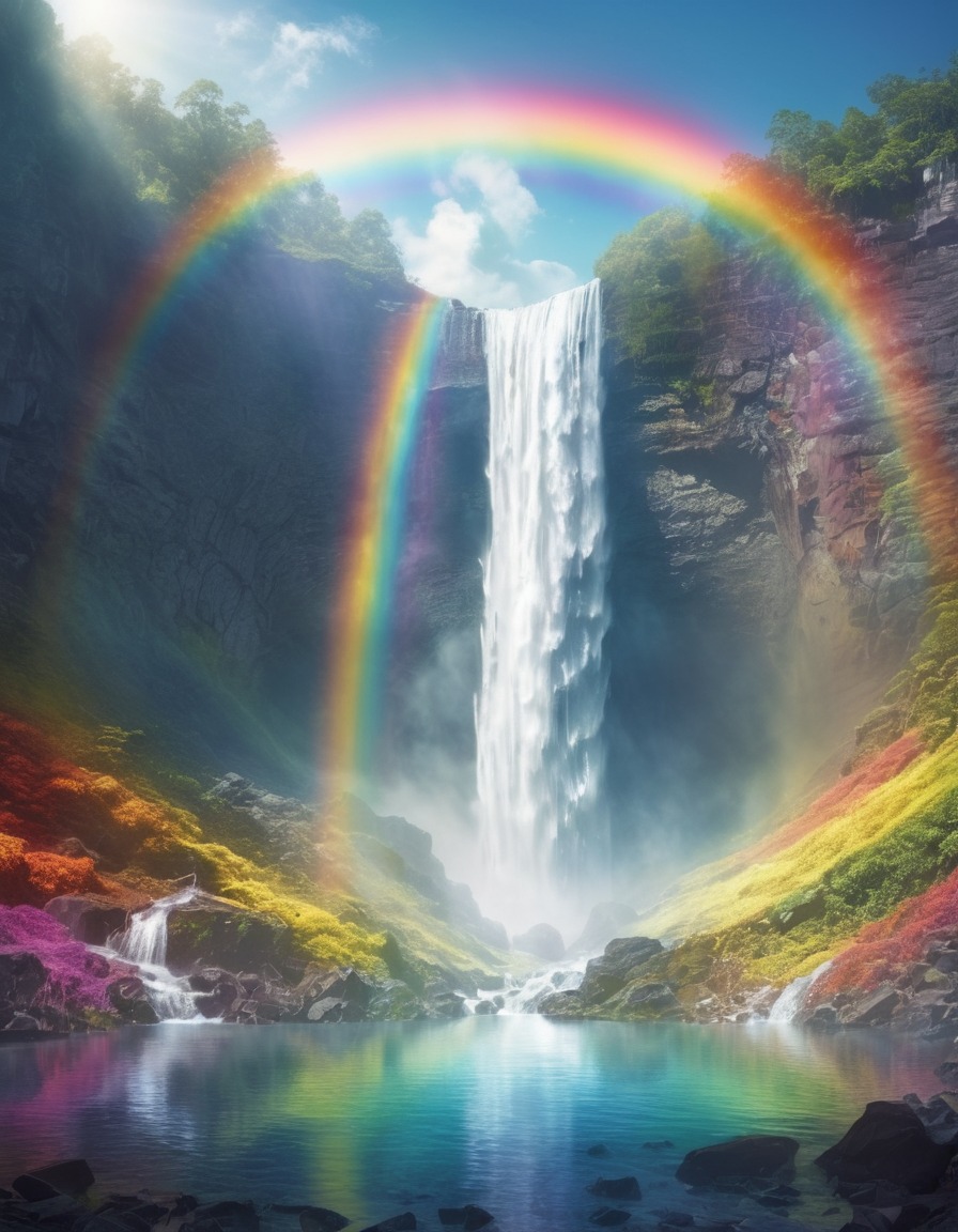 nature, waterfall, rainbow, crystals, light refracting