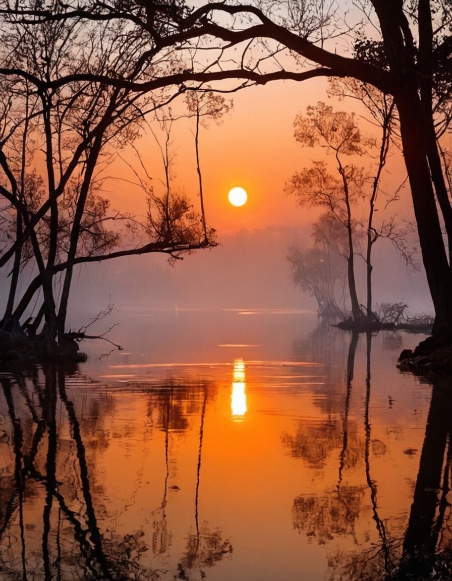 nature, trees, sunsets, reflections, peace and quiet, serenity, orange, orange gray