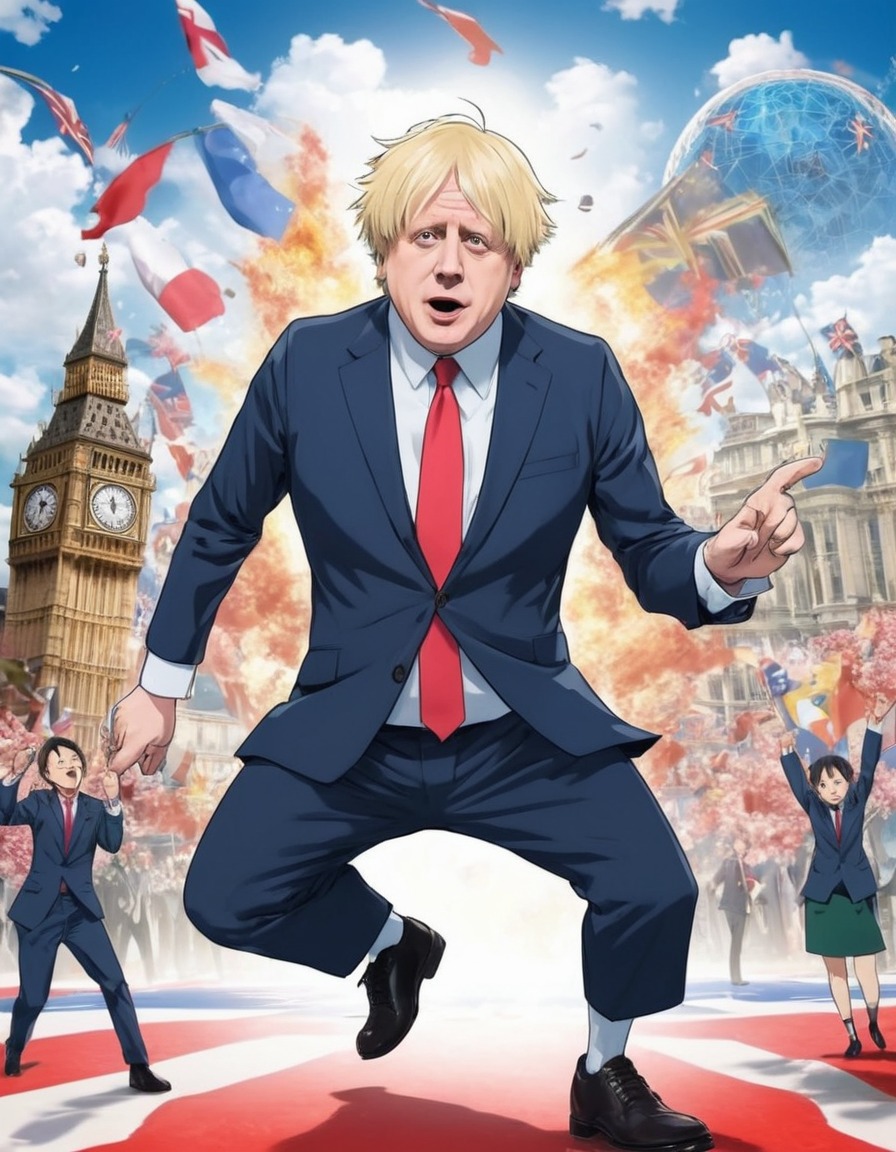 boris johnson, anime, political leadership, whimsical, comedic flair, politics