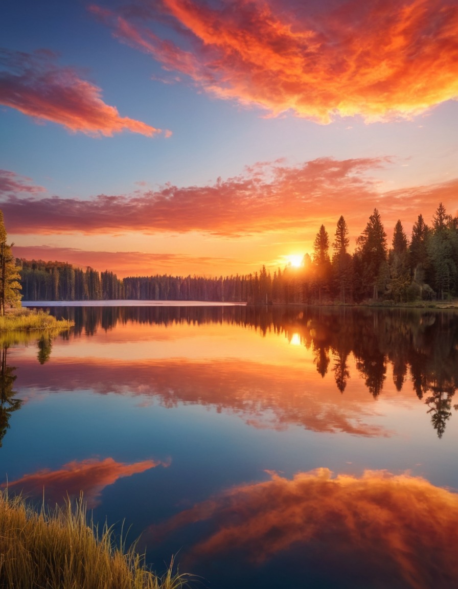 sunset, lake, reflection, vibrant colors, nature