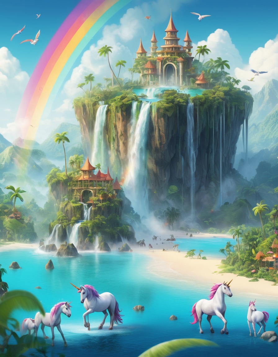 tropical island, paradise, rainbow waterfalls, unicorn-like creatures, fantasy, fantastic