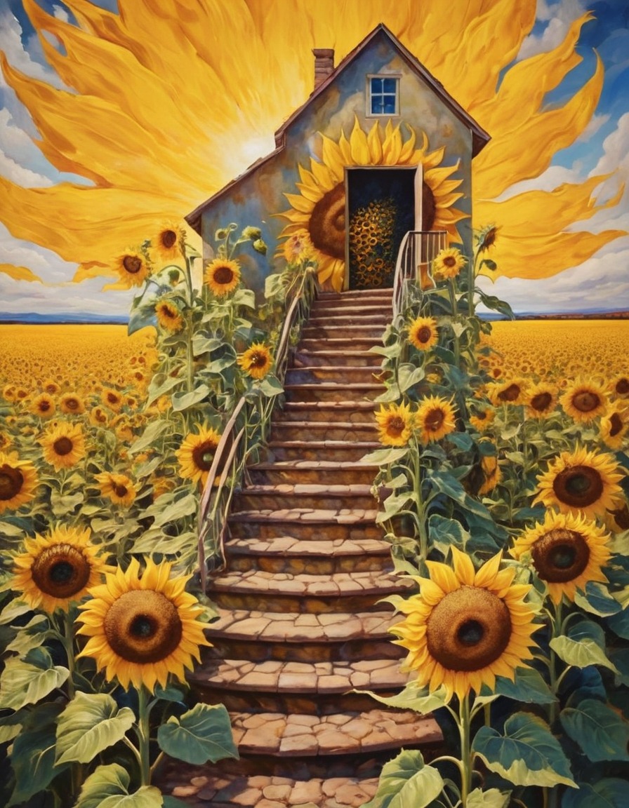 staircase, door, sunflower, nature, scenic, surreal