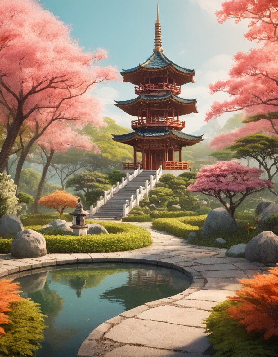 serene, garden, pagoda, calm, peaceful