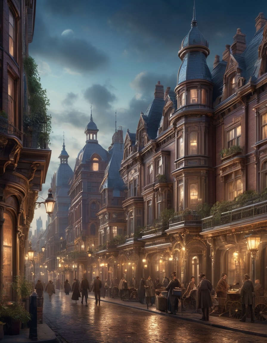 victorian era, ornate buildings, bustling street, historical architecture, cityscape, architecture