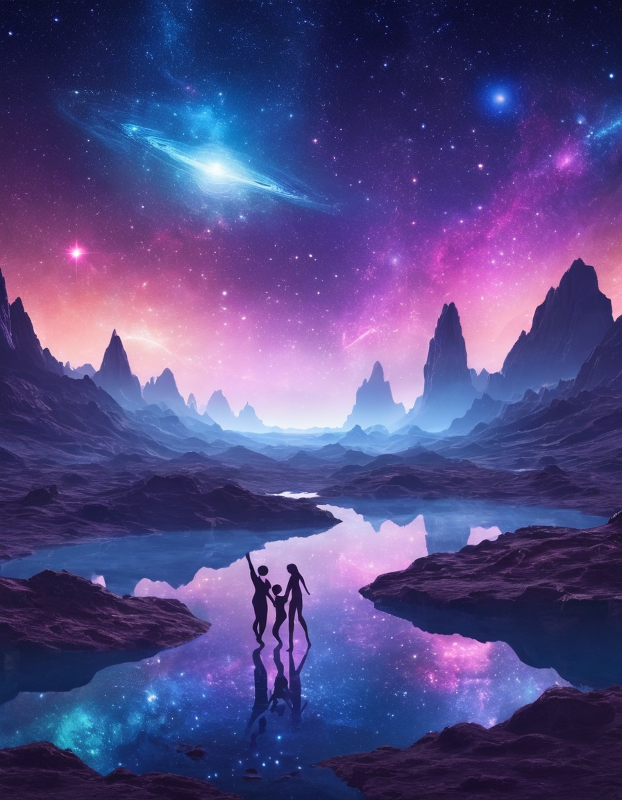 celestial beings, cosmic, stars, landscape, dancing