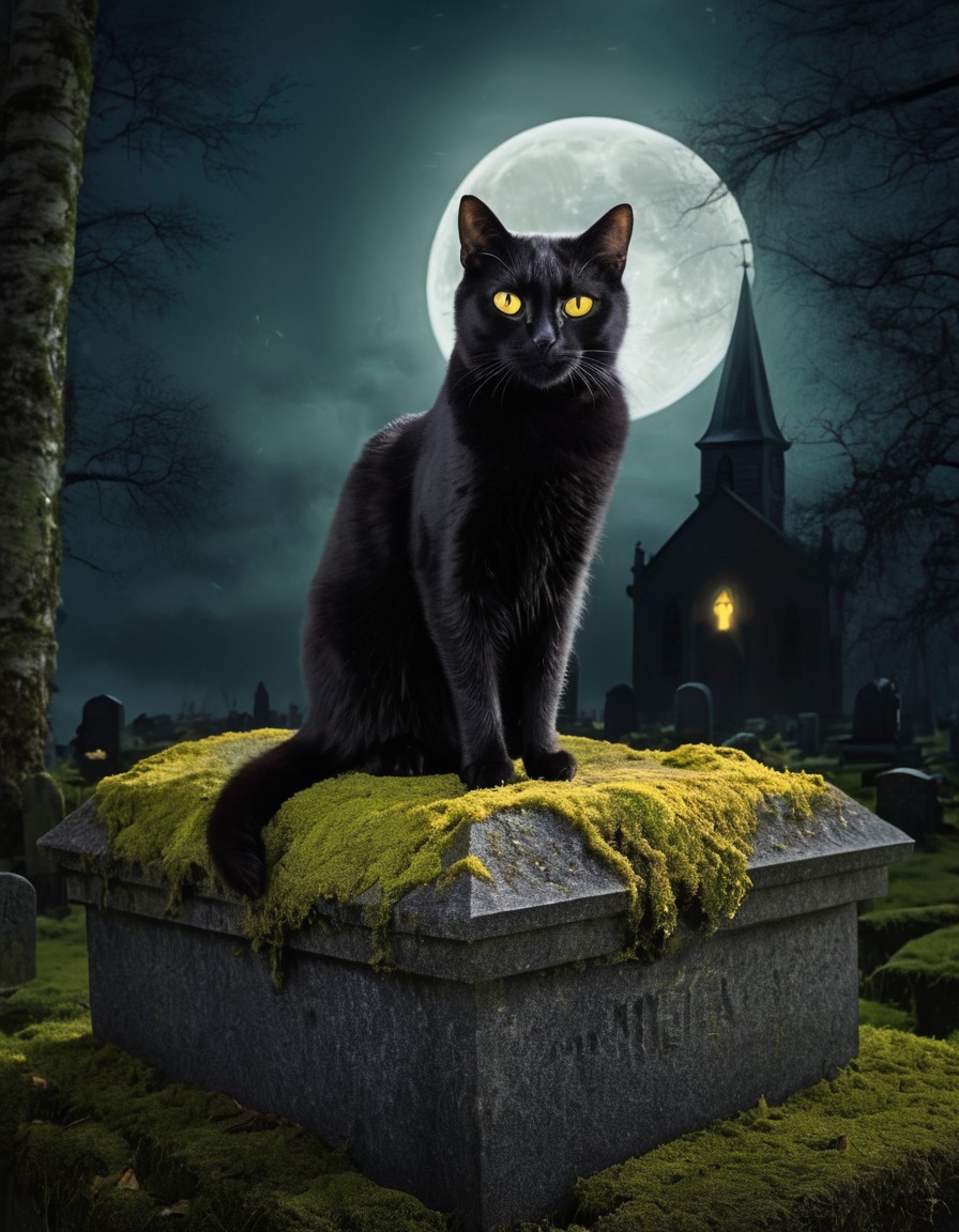 black cat, yellow eyes, gravestone, churchyard, moonlit, moss-covered, gothic, underground, dark