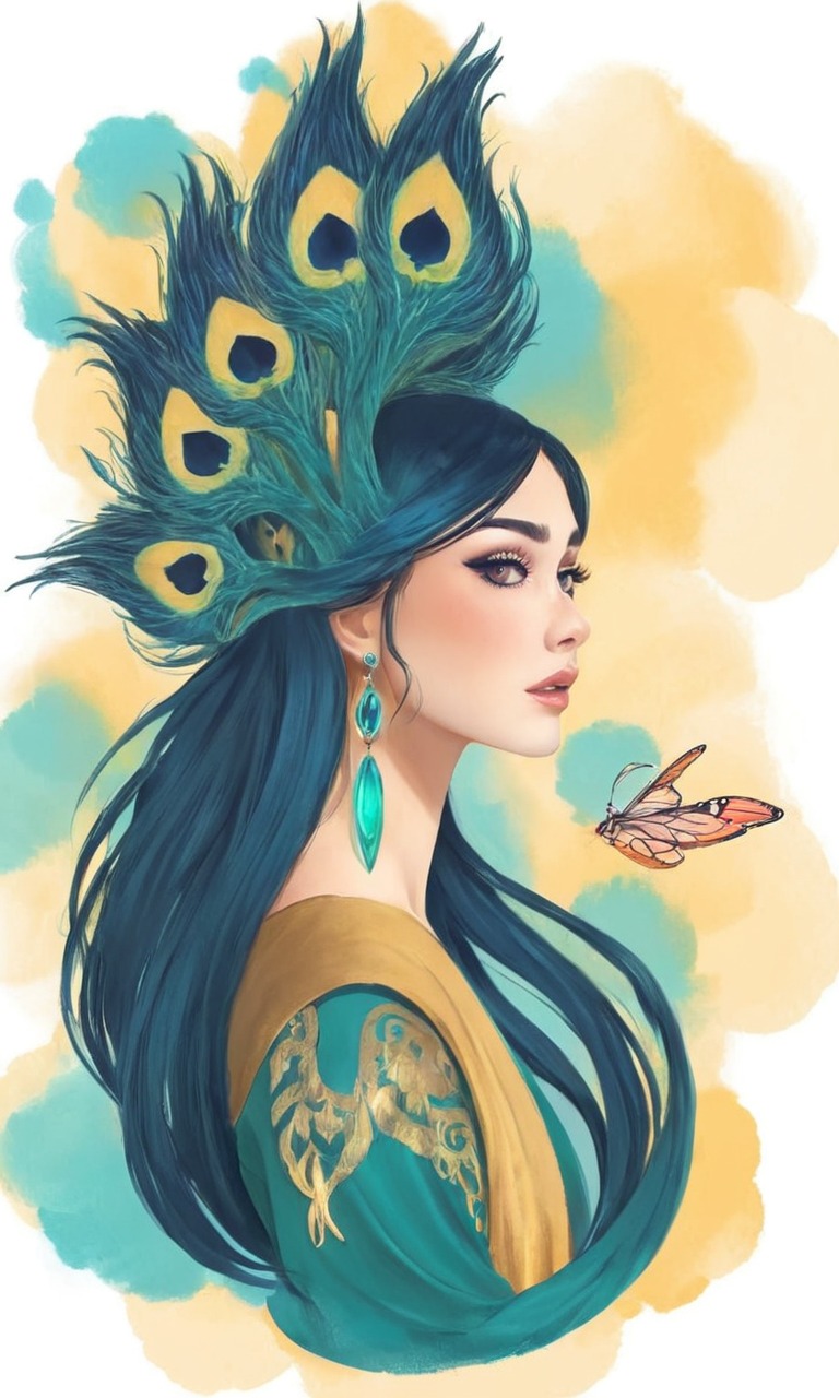 fantasycharacter, beauty, digitalpainting, portrait, digitalart, asianbeauty, asiangirl, bluehair, coloredsketch, cutekawaii, digitalillustration, digitalportrait, feathers, peacock, peacockfeathers, peacocktutorial