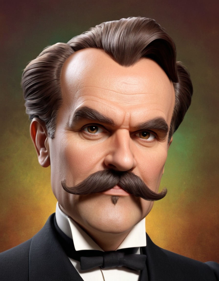 friedrich nietzsche, caricature, whimsical, philosopher, exaggerated features, mischievous_expression, funny