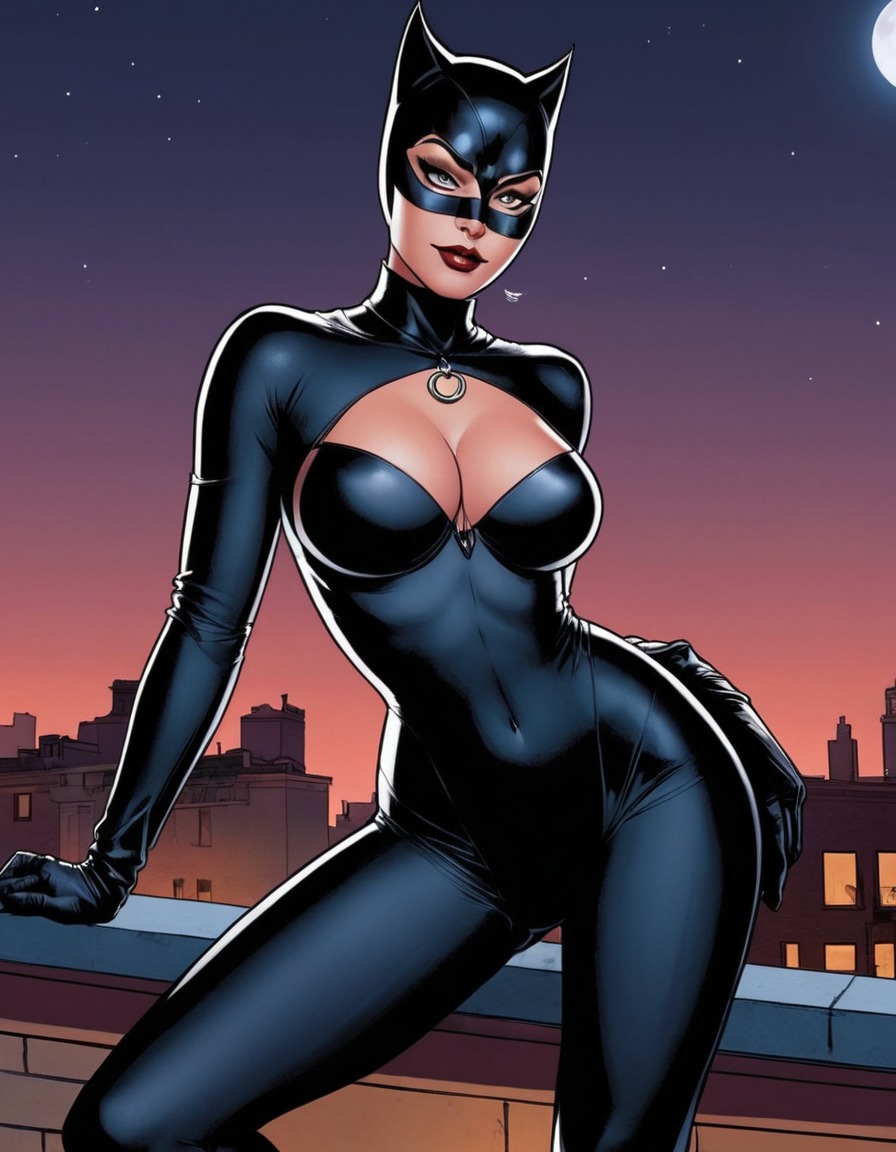 catwoman, superhero, rooftop, night, seductive, confident, sexy, painted