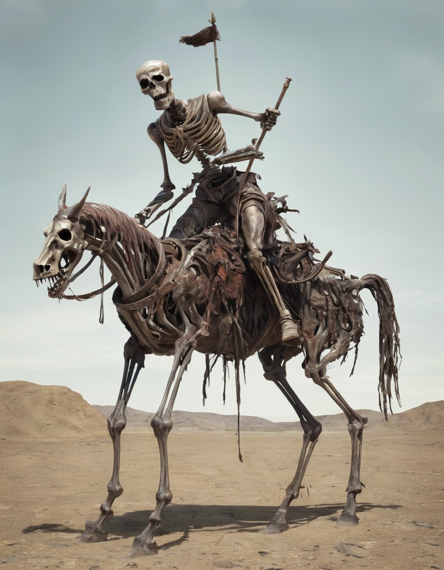 zombie, don quixote, skeletal horse, wasteland, fantasy, horror