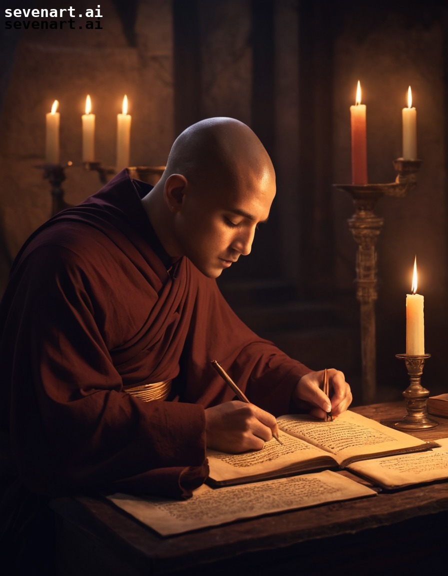 monk, transcribing, manuscripts, candlelit, scriptorium, middle ages