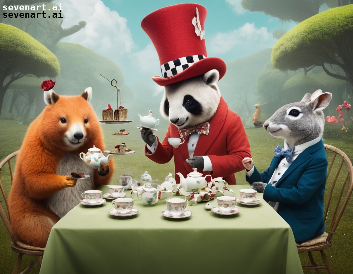 whimsical, tea party, animals, clothing, eccentric characters, fun, people