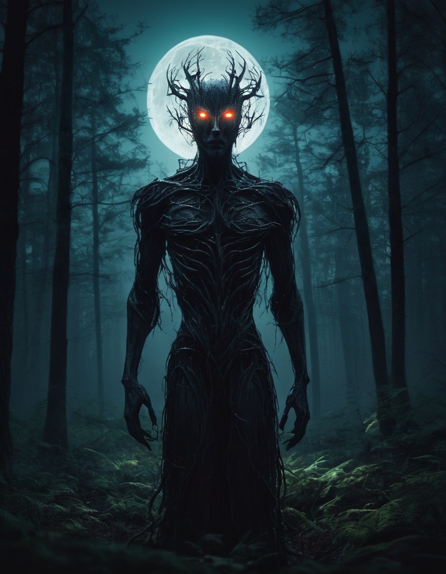 mysterious, figure, glowing eyes, moonlit forest, gothic, underground, dark