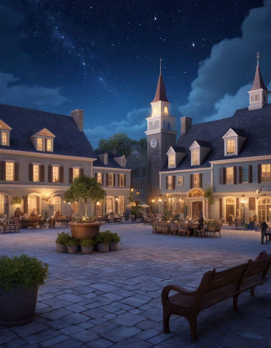 town square, colonial-style buildings, serene, stars, night, architecture