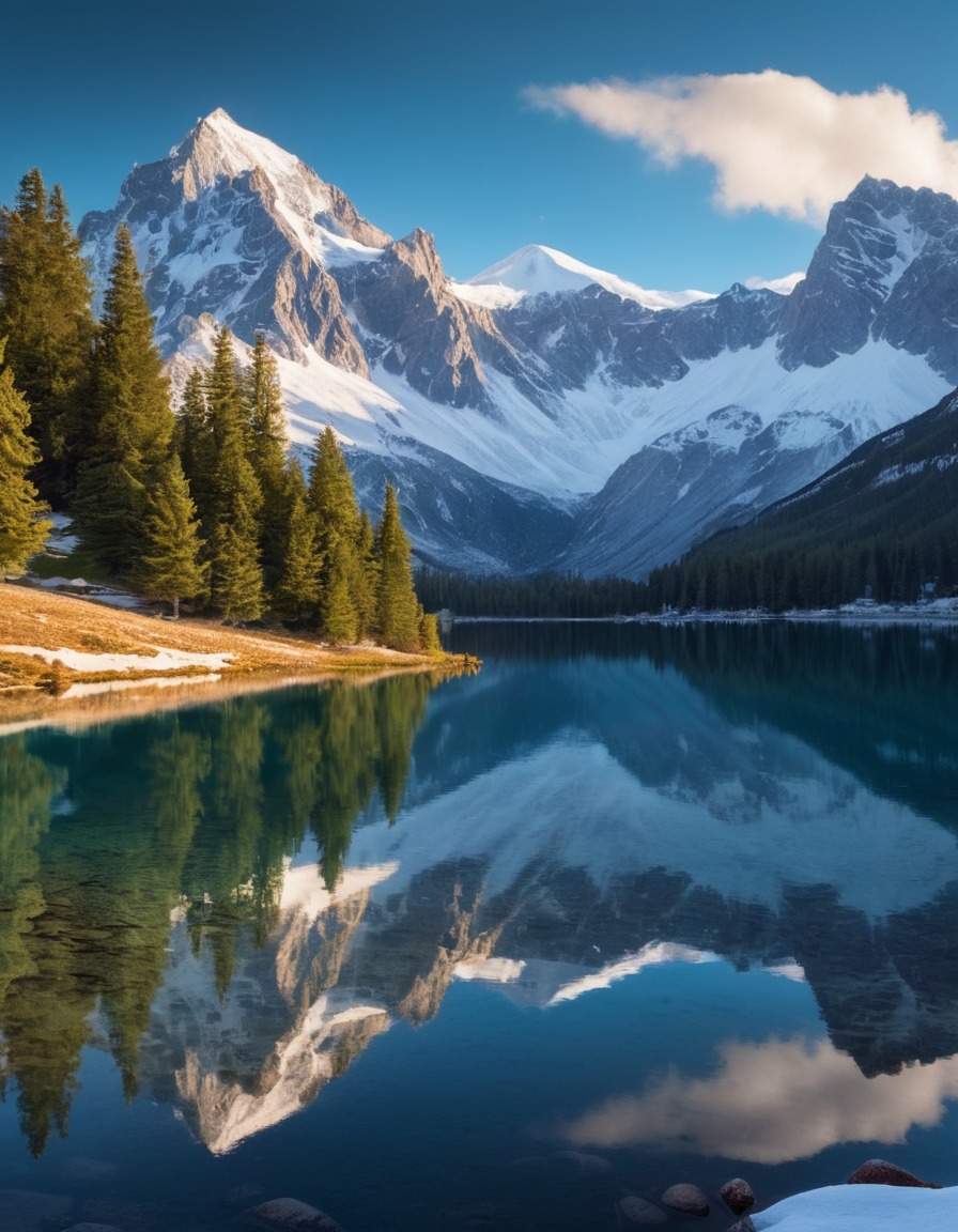 mountain, snow-capped, reflection, alpine lake, nature