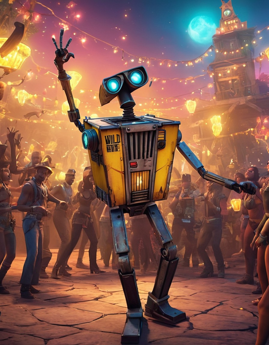 claptrap, dancing, wild party, pandora, robots, games, movies