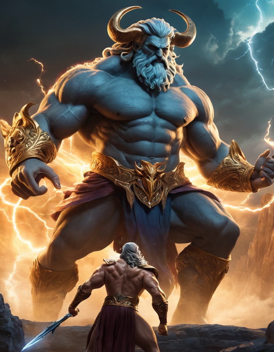 zeus, epic battle, mythology, greek gods, monsters, fight scene, thunderbolts