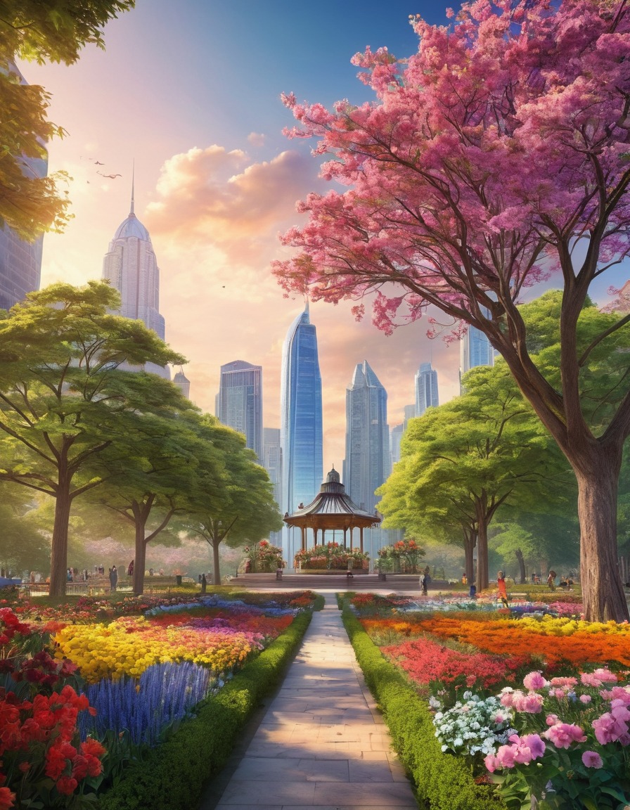 city park, colorful flowers, trees, skyscrapers, urban landscape, nature, city