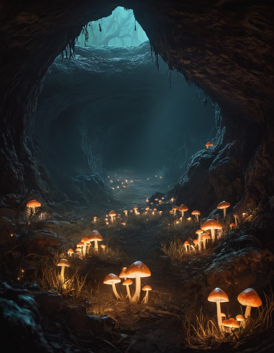 mystical, glowing mushrooms, cave, illumination, nature, fantasy, enchantment