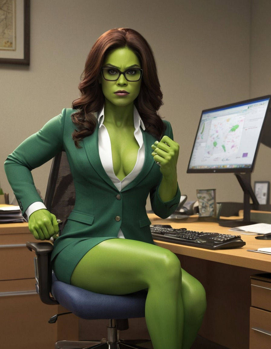 she-hulk, marvel, superhero, lawyer, green skin, office, workplace