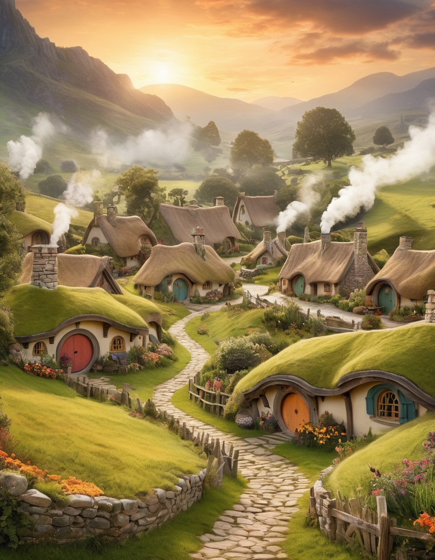 hobbit holes, shire, village life, cozy, peaceful, john tolkien, tolkien