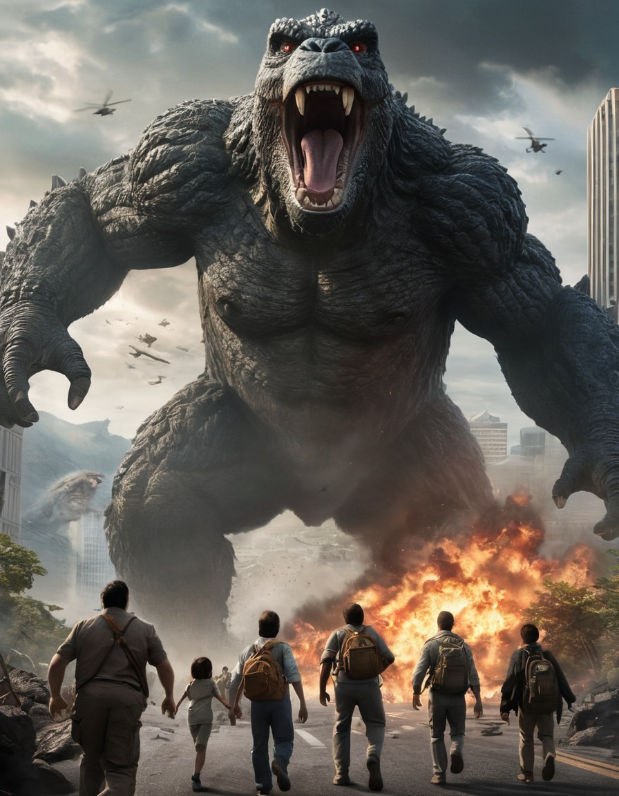 monsters, godzilla, king kong, destruction, panic, cityscape, kong