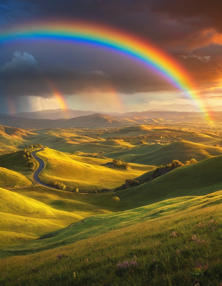 nature, scenery, landscape, rainbow, hills, colorful, vibrant