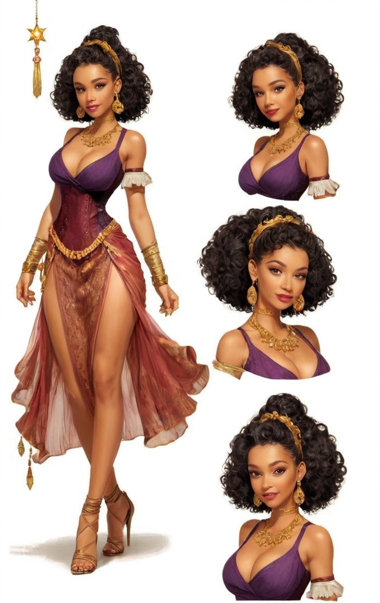 characterdesign, fantasycharacter, digitalart, cartoon, conceptart, characterconcept, beautiful, bosoms, curlyhair, dress, fashion, female, girl, gypsy, seethrough, style